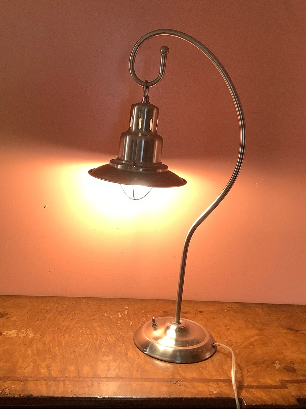 2006 Industrial Brushed Nickel Desk Lamp Arch Gooseneck Hanging Lantern 25”